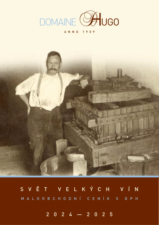 Obálka ceníku Domaine Hugo s historickou fotografií u vinařského lisu